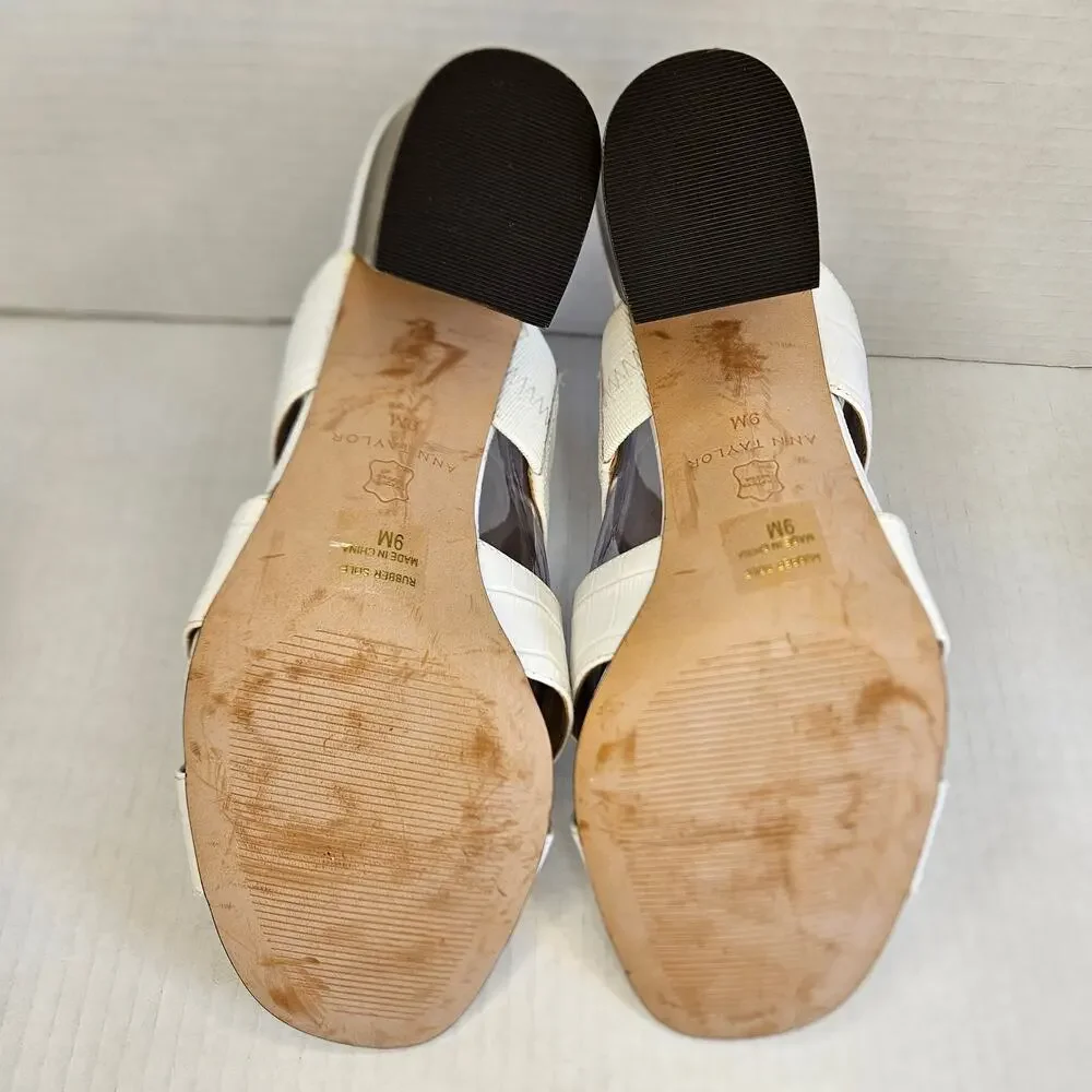Ann Taylor‎ White Leather Croc Embossed Sandals With Stacked Block Heel Size 9M